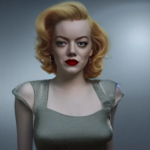 Image similar to Emma Stone as Marilyn Monroe, hyper realistic, octane render, 8k, high quality