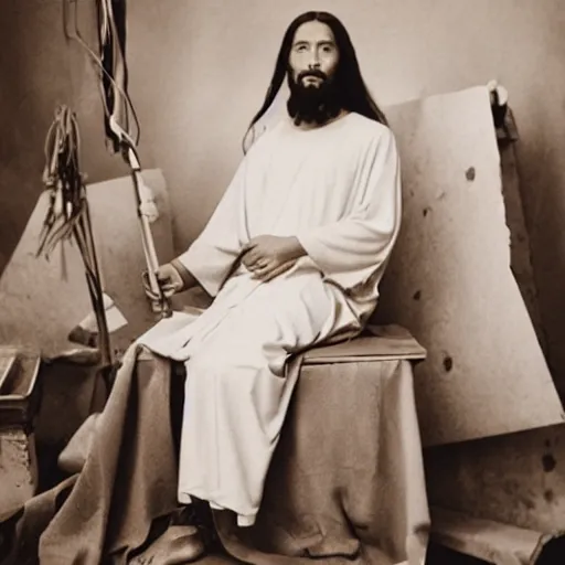 Image similar to studio photo of jesus in a chinese sweat shop, studio portrait