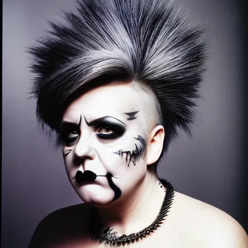 Prompt: Medium shot portrait of goth Angela Merkel with makeup, facial tattoos, piercings and a mohawk, sneering at the camera, key lighting, F 1.8, Kodachrome