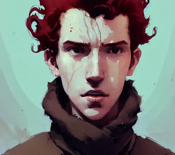 Image similar to portrait man with red curly hair and bright eyes atey ghailan, by greg rutkowski, by greg tocchini, by james gilleard, by joe fenton, by kaethe butcher, by ashley wood, dynamic lighting, gradient light blue, brown, blonde cream and white color scheme, grunge aesthetic