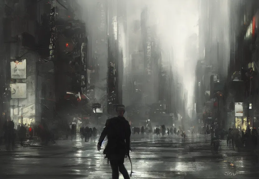 Image similar to painting of the figure of a man in an urban scenery, high contrast, concept art, city, dramatic lighting, digital art, 8 k, extremely detailed, drawn by ruan jia