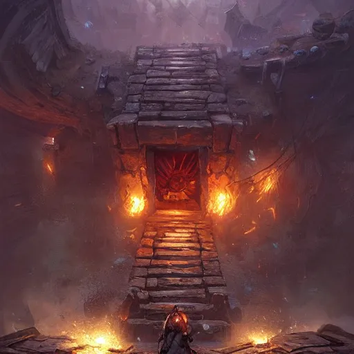 Prompt: a deadly metal trap door, chained trap door, falling warrior, hearthstone art style, epic fantasy style art by Craig Mullins, fantasy epic digital art, epic fantasy card game art by Greg Rutkowski