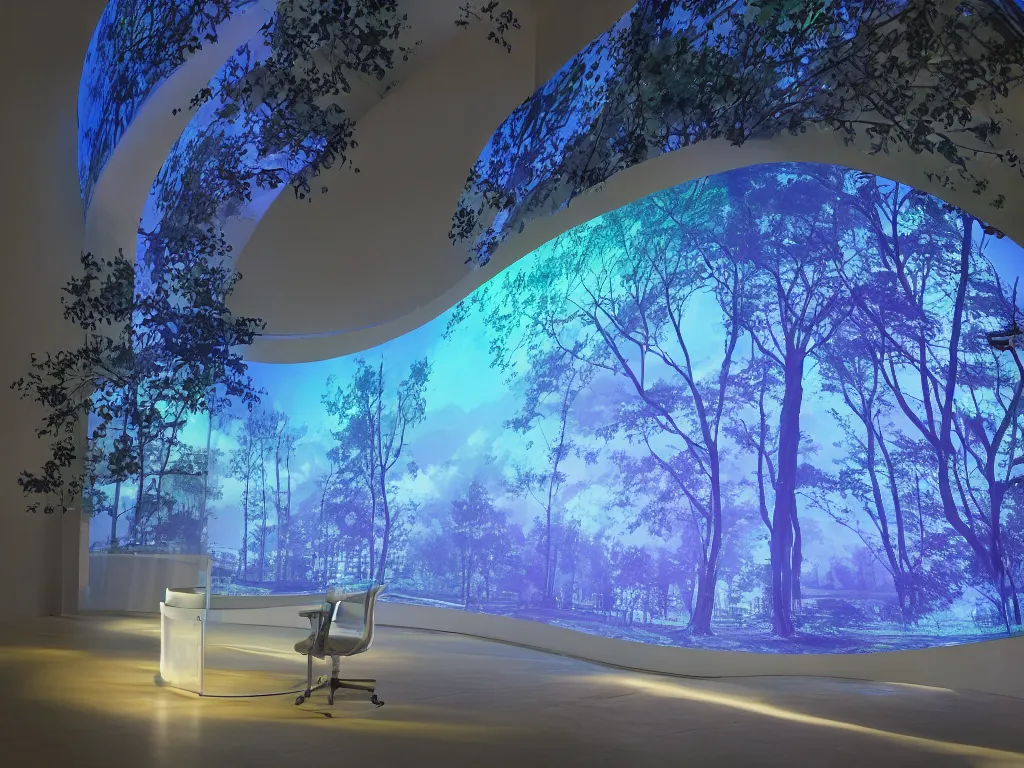 Prompt: visor with curved translucent screens projecting detailed trees ( 2 0 4 2 ), pixel perfect photograph, high contrast, volumetric lighting, thin glowing lights, chair, users, pair of keys