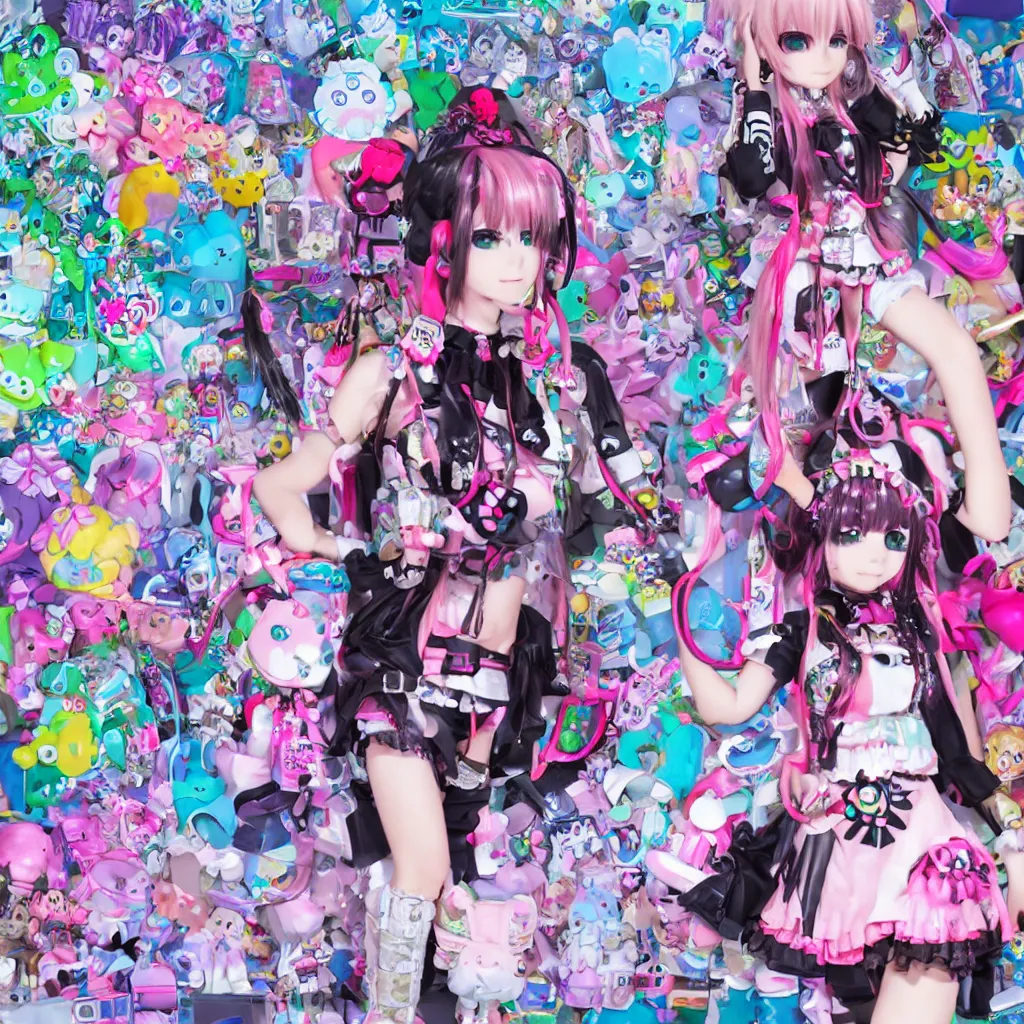 Image similar to 3 d anime render of a decora gyaru kawaii cybergoth emo fashion model vtuber, in a cyberpunk blade runner maximalist city of my melody sanrio plushies, artstation cgsociety