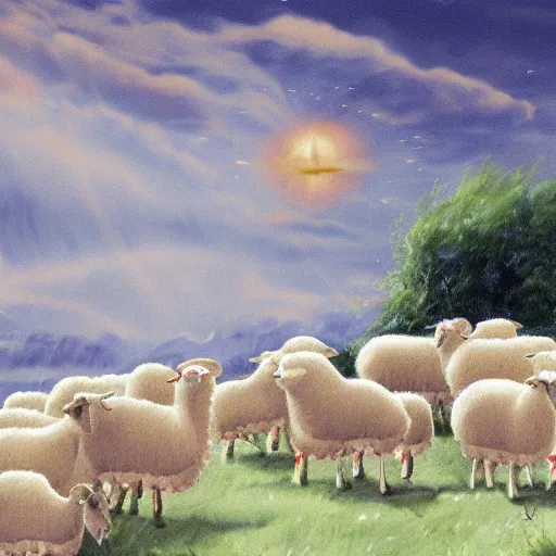 Prompt: lots of sheep passign by for sleeping, dream, concept art