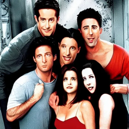 Prompt: a horror movie poster featuring the cast of Friends tv serie