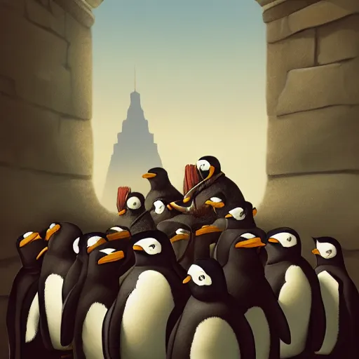 Image similar to penguin conquistadors in rome, artstation, history, nature, goya