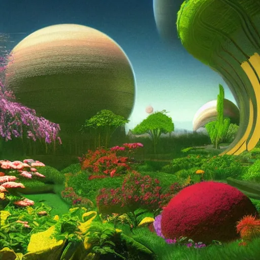 Image similar to a garden in orbit around saturn, 8 k, lowbrow, digital art, unreal engine, in the style of martin johnson heade, roger dean and john bauer,