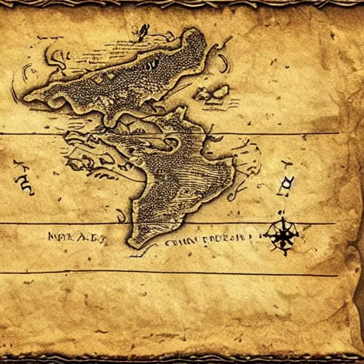 Prompt: ancient pirate treasure map printed on parchment