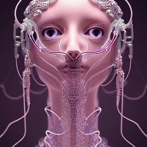 Image similar to closeup portrait of an absurdly beautiful, graceful, sophisticated, fashionable cyberpunk mechanoid gravure idol, an ultrafine hyperdetailed illustration by irakli nadar, matt wisniewski style, intricate linework, porcelain skin, neon jellyfish headdress, fractal ivory carved ruff, unreal engine 5 highly rendered, global illumination, radiant light, detailed and intricate environment