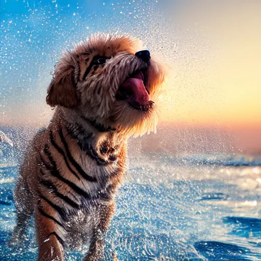 Image similar to a closeup photorealistic photograph of a cute smiling tiger bichon puppy splashing in the surf during sunset. professional capture, well lit shot. this 4 k hd image is trending on artstation, featured on behance, well - rendered, extra crisp, features intricate detail, epic composition and the style of unreal engine.