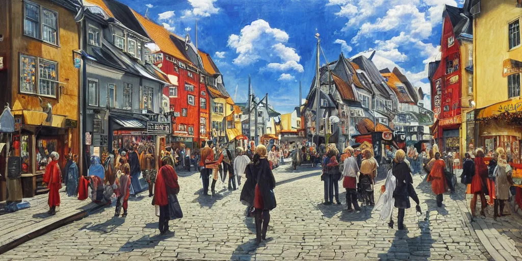 Image similar to Highly detailed oil painting of street life in stavanger by noon, strong atmosphere, oil painting masterpiece by Studio ghibli, symmetry, fractals