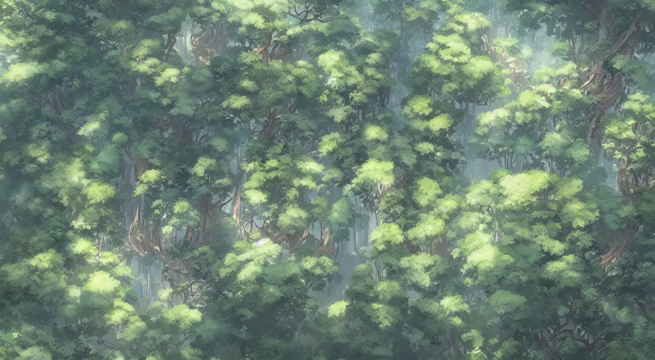 Image similar to aerial view of treetop canopy, by studio ghibli and greg rutkowski,