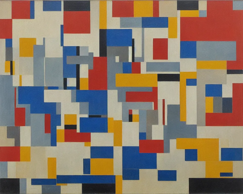 Prompt: modernist, abstract oil painting of Washington, DC by Piet Mondrian and Ed Ruscha.