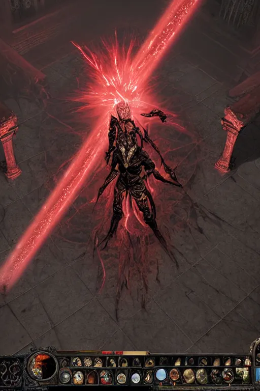 Image similar to Path of Exile, [Sirius], clear [[bronze]] face [mask], luminous red eyes, male image with [bronze] black bloody armor, sitting on the throne, inside the ruined gothic church, black shadows, red lasers, dark red bloody fog, black-grey smoky tornadoes fly around, [[blood]], Anachronism, painting, dark fantasy, steampunk, 4k, perfect quality,