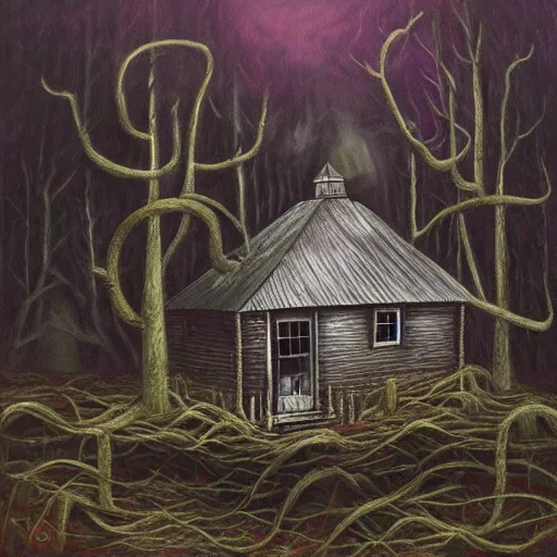 Image similar to a painting of a Eerie cabin in the middle of the woods in the style of a death metal album cover