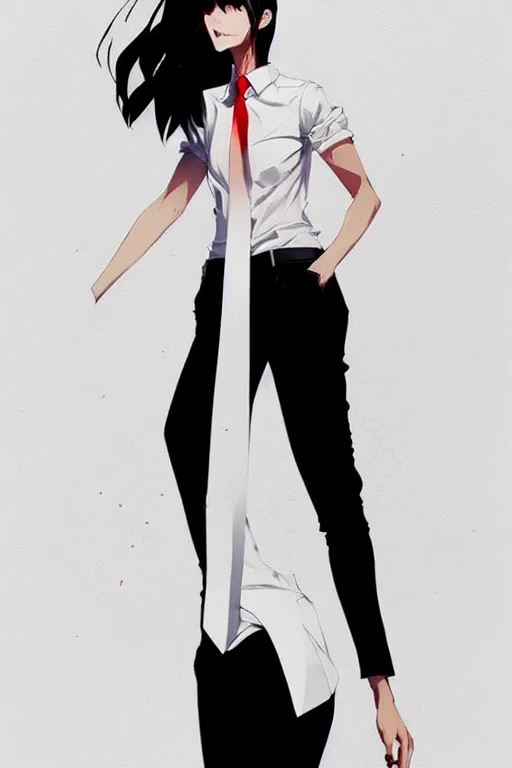 Image similar to a ultradetailed full body portrait of a woman dressed in a white shirt with a tie, by conrad roset, greg rutkowski and makoto shinkai trending on artstation