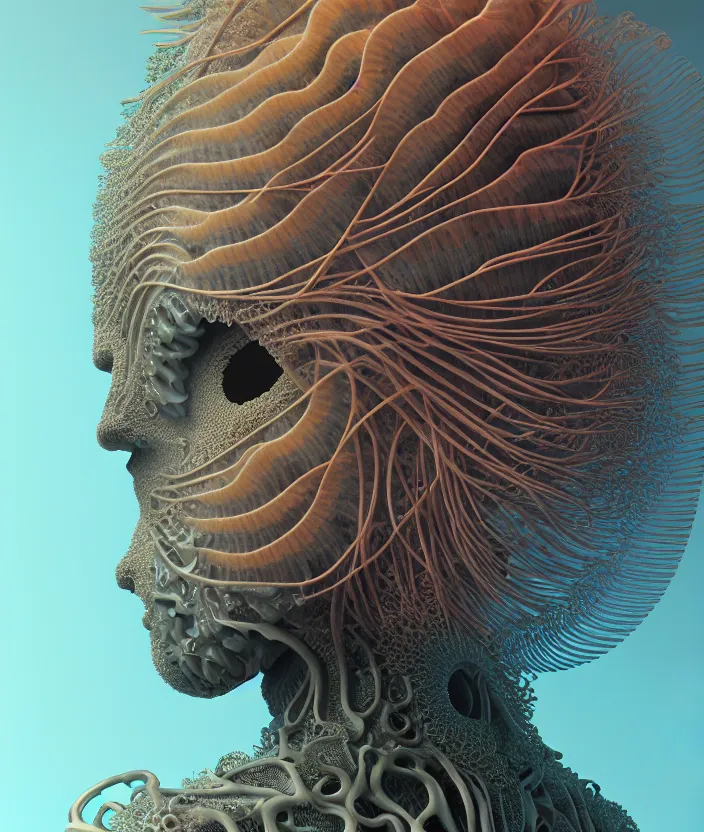 Image similar to portrait intricate mask, eagle coral, jelly fish, mandelbulb 3 d, fractal flame, octane render, cyborg, biomechanical, futuristic, by ernst haeckel