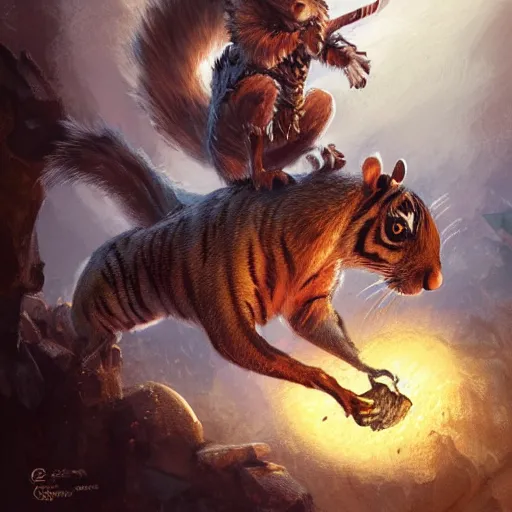 Image similar to Squirrel knight riding tiger, magic the gathering artwork, horror, D&D, fantasy, cinematic lighting, centered, symmetrical, highly detailed, digital painting, artstation, concept art, smooth, sharp focus, illustration, volumetric lighting, epic Composition, 8k, art by Akihiko Yoshida and Greg Rutkowski and Craig Mullins, oil painting, cgsociety