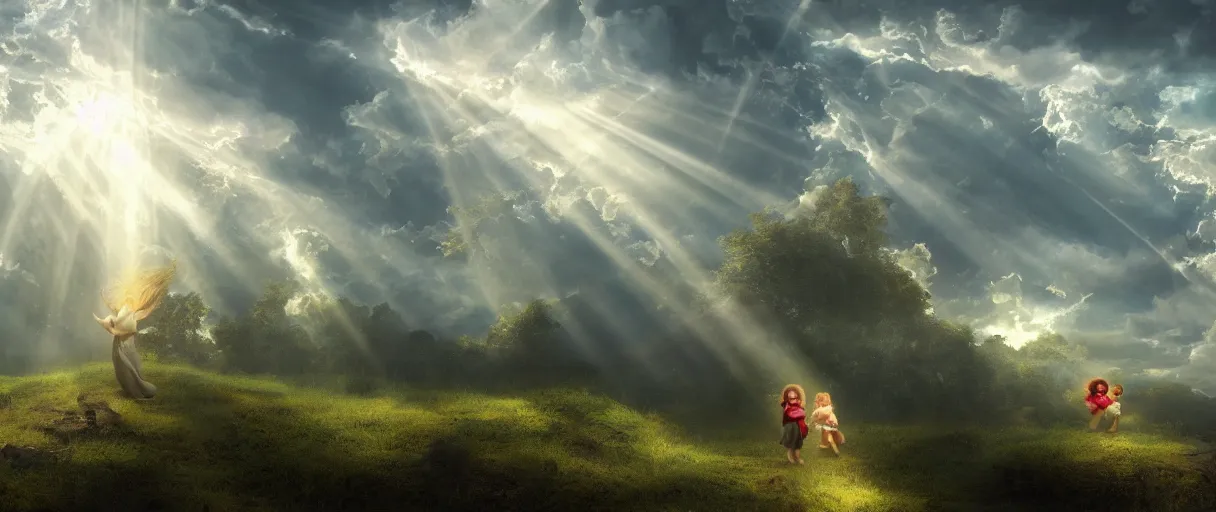 Image similar to A giant with a girl, beautiful atmosphere, god rays, masterpiece digital painting by Anne Geddes, Aleksi Briclot, Beeple, 4k wallpaper