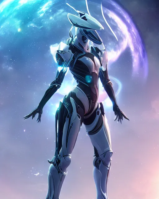 Image similar to perfect android girl on a mothership, warframe armor, beautiful face, scifi, futuristic, galaxy, nebula, raytracing, dreamy, long white hair, blue cyborg eyes, sharp focus, cinematic lighting, highly detailed, artstation, divine, by gauthier leblanc, kazuya takahashi, huifeng huang