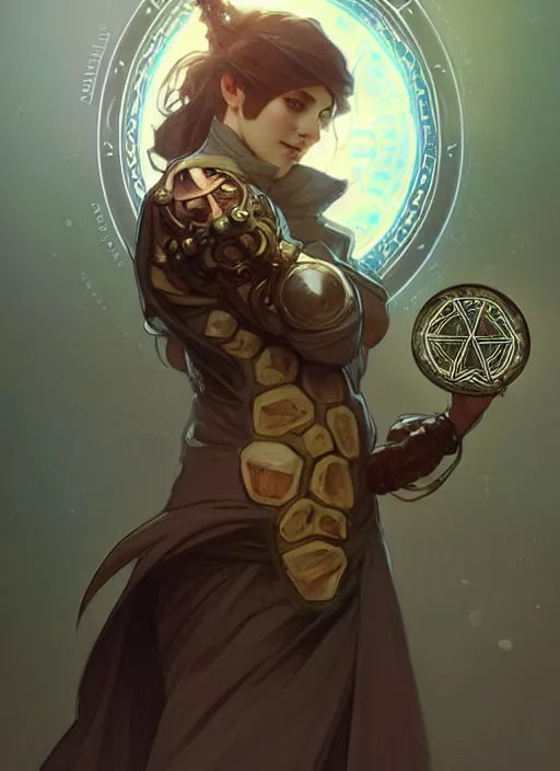 Prompt: digital character concept art by artgerm and greg rutkowski and alphonse mucha. clear portrait of an anthropomorphic tortoise cleric with glowing arcane runes painted on his shell, holding a pentagram shield, gritty coloring, intricate, elegant, digital painting, artstation, smooth, sharp focus