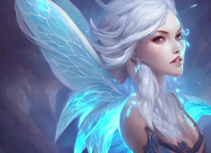 Image similar to portrait of an ice fairy, cute, fantasy, wonderful shading, realistic perfect face, concept art, dynamic pose, digital illustration, trending on artstation, intricate details, epic composition, sharp focus, 8 k uhd, masterpiece, league of legends splash art