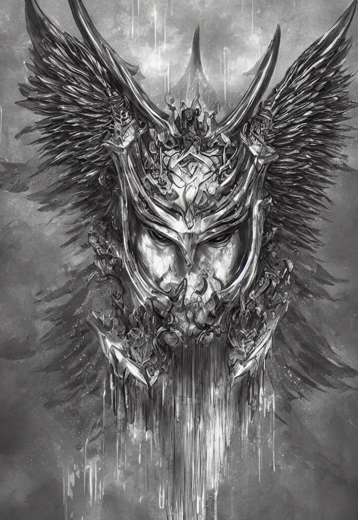 Image similar to a samurai mask worn by an angel with very big wings and a flaming sword standing in the rain, digital art, concept art, deviantart. highly detailed