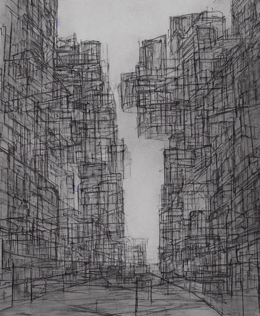 Prompt: charcoal pen and ink red dusty concept art urban landscape