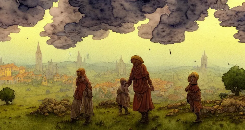 Prompt: a hyperrealist watercolor concept art of elegant golden ufos in the sky above a small medieval town during a thunderstorm. a dirty medieval peasant child is in the foreground pointg up at the sky. very muted colors, by rebecca guay, michael kaluta, charles vess. high detail, hq, wide shot, 4 k