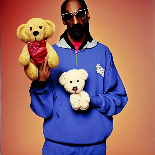 Image similar to Snoop Dogg holding a teddy bear for a 1990s sitcom tv show, Studio Photograph, portrait, C 12.0