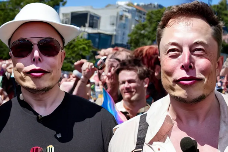 Prompt: elon musk dressed as cowbay at gay parade