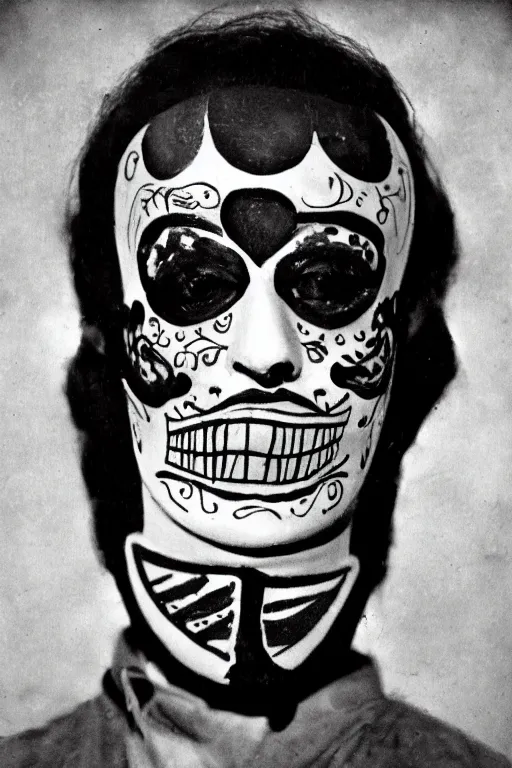 Image similar to vintage 35mm photo portrait of a man wearing a traditional day of the dead masks in the style of Jason Edmiston