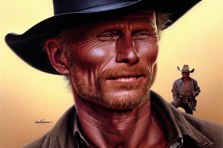 Image similar to poster portrait of ed harris as a black hat cowboy in silverado ( 1 9 8 5 ). oil painting elegant, highly detailed, centered, digital painting, artstation, concept art, smooth, sharp focus, illustration, artgerm, tomasz alen kopera, peter mohrbacher, donato giancola, joseph christian leyendecker drew struzan