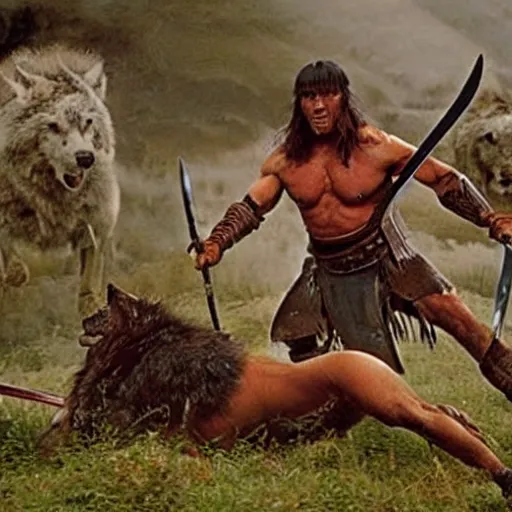 Prompt: conan the barbarian with his sword on a hill defending himself with sword, attacked by wolves