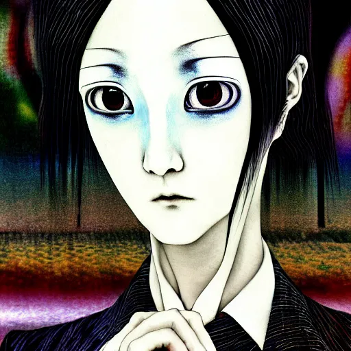 Image similar to yoshitaka amano blurred and dreamy realistic portrait of a woman with black eyes and white hair wearing dress suit with tie, junji ito abstract patterns in the background, satoshi kon anime, noisy film grain effect, highly detailed, renaissance oil painting, weird portrait angle, blurred lost edges, three quarter view