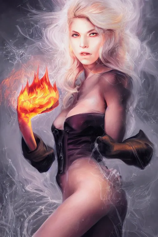 Image similar to blonde woman 2 0 yo in a black velvet cat costume wearing exploding fire electricity and blood, sorcerer, diamonds, angel, fantasy, dramatic lighting, highly detailed, digital painting, holding electricity, magic the gathering, hyper detailed, 3 d render, hyper realistic detailed portrait, peter mohrbacher, wlop, ruan jia