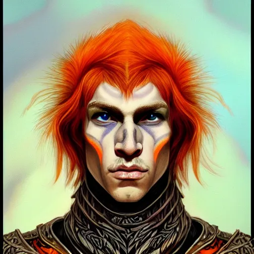 Prompt: portrait painting of an elven young man with short light orange hair and tribal tattoos on his face wearing fur armor, sharp focus, award - winning, trending on artstation, masterpiece, highly detailed, intricate. art by terese nielsen