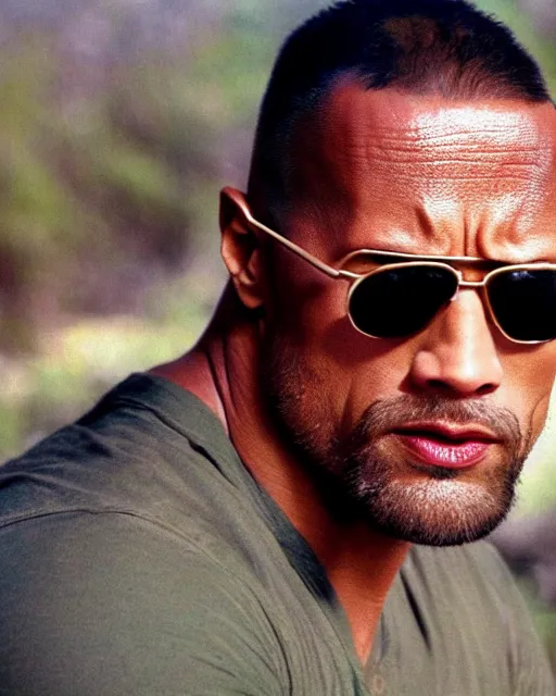 Prompt: film still close - up shot of dwayne johnson wearing sunglasses from the movie predator. photographic, photography