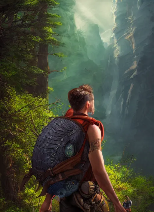 Image similar to an epic fantasy comic book style portrait painting of a male fantasy explorer in the wilds with a backpack and map, unreal 5, daz, hyperrealistic, octane render, cosplay, rpg portrait, dynamic lighting