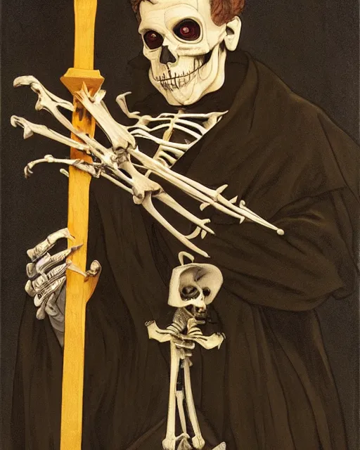 Image similar to A painting of Martin Luther holding a mallet and nailing a cartoon paper-skeleton Halloween decoration to the door of a suburban home, in the styles of Ferdinand Pauwels, Greg Rutkowski, Alphonse Mucha, and Tim Burton, intricate, hyperrealistic, accurate facial details, volumetric lighting