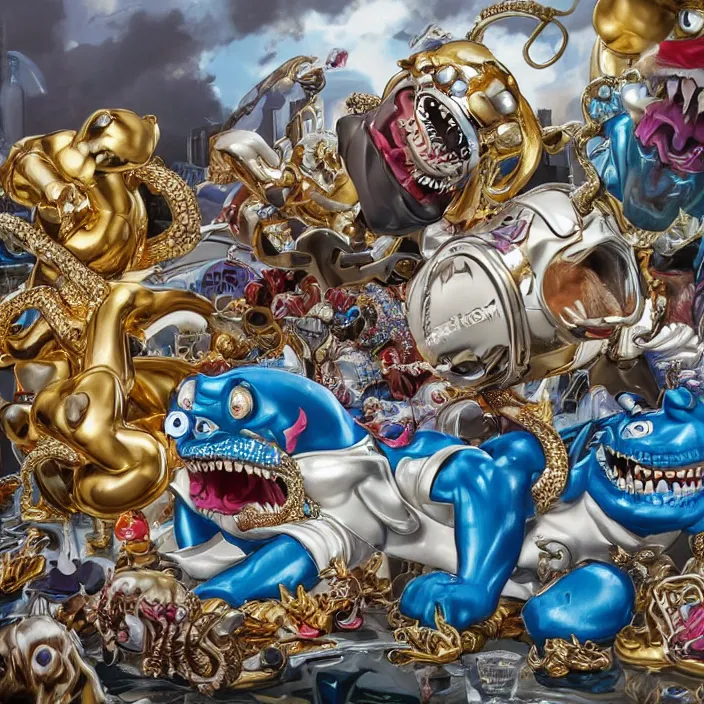 Prompt: jeff koons hip hop style street sharks wearing grillz and a ton of bussdown iced gold bling, ultra realistic, concept art, intricate details, serious, highly detailed, photorealistic, octane render, 8 k, unreal engine, art by todd mcfarlane and artgerm and greg rutkowski and alphonse mucha