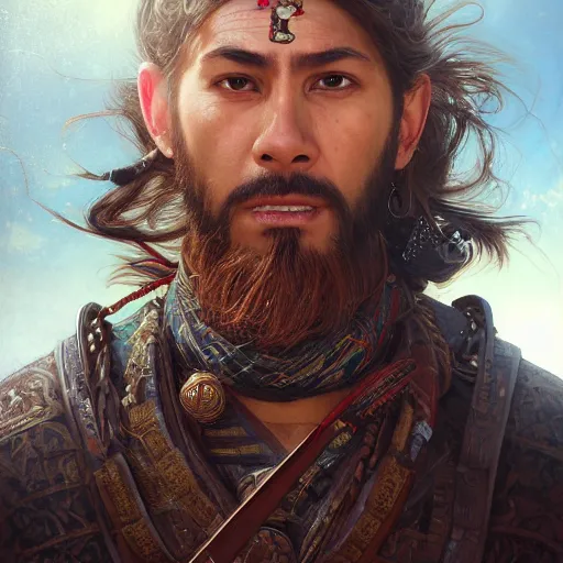 Image similar to Hyper realistic detailed portrait of a Kurdish!!!!!!!!! samurai, Stephen Bliss, unreal engine, fantasy art by Greg Rutkowski, Loish, Rhads, ferdinand knab, Makoto Shinkai and Lois van baarle, ilya kuvshinov, rossdraws, Tom Bagshaw, alphonse mucha, global illumination, radiant light, detailed and intricate environment, highly detailed, award winning art