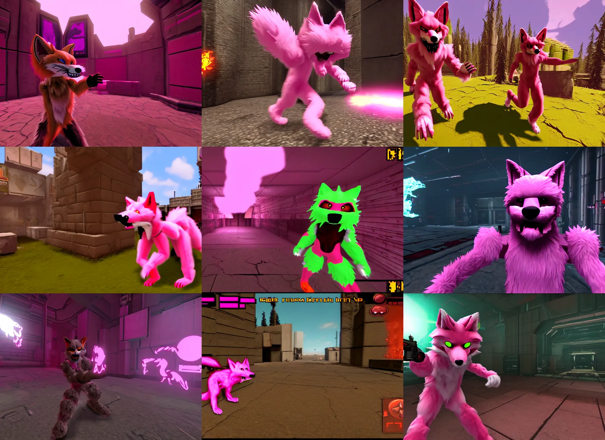Prompt: pink fox furry fursuit in a screenshot of the video game doom, the furry fursuit is running