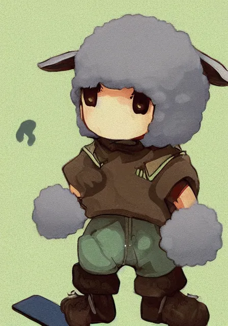 Image similar to little boy wearing sheep suit using a smartphone, gray, blue, green and brown pallet color. made in abyss art style, inspired in kris from deltarrune, cute detailed artwork, anatomically correct, soft details