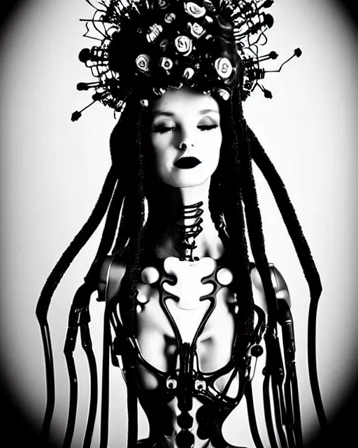 Image similar to dreamy surreal poetic black and white photo of a beautiful young bio-mechanical-female-jellyfish-cyborg-plastic-robot with a very long neck and a super big gothic lace collar and a very high big floral crown with many black dry roses by Vivienne Westwood:: smoke, high fashion, haute couture, rococo, avant-garde, elegant, dreamy, hyper realistic, 150 mm lens, soft rim light, octane render, unreal engine, picture was taken in 1910 by Dora Maar, volumetric lighting, dramatic light,8k,