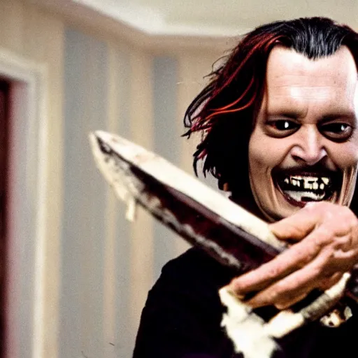 Prompt: Johnny Depp as Jack Torrance in Shining, holding axe,