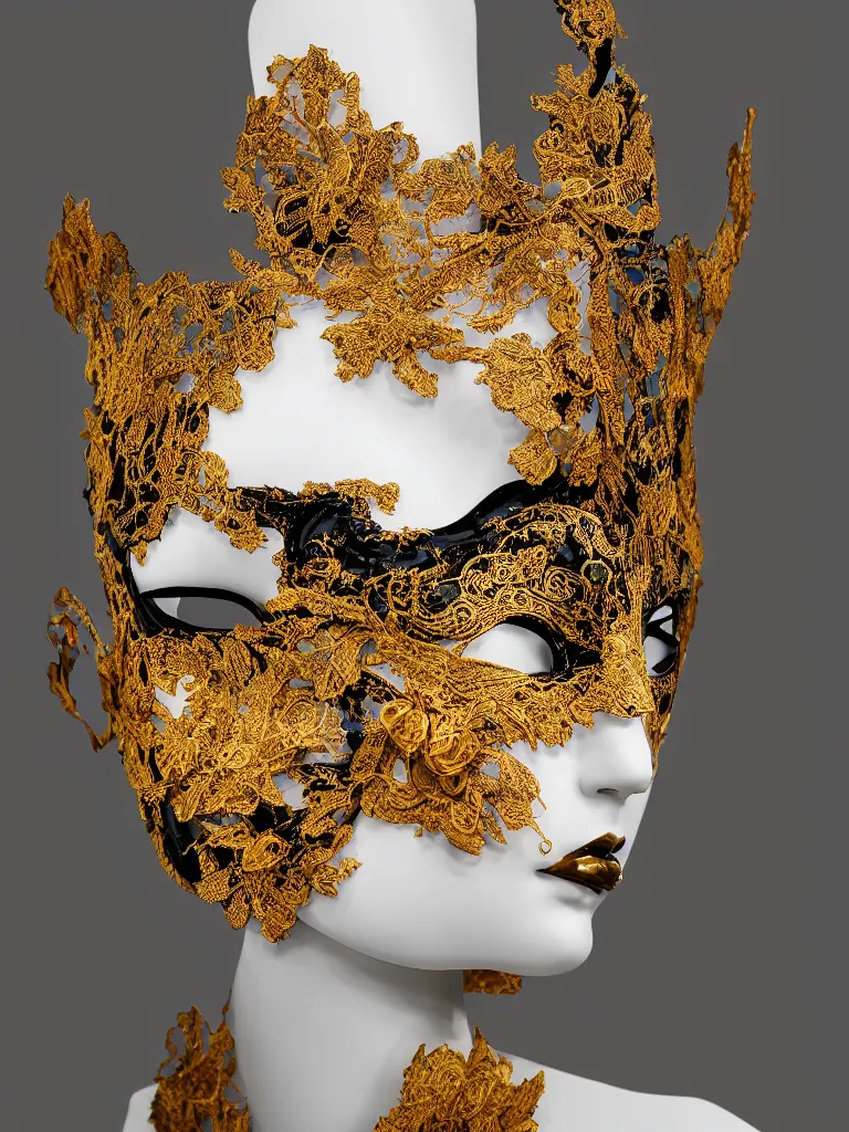 Image similar to a beautifully sculpted mannequin made of onyx with gold lace masquerade face mask, ornamented, opulent, kintsugi, confident, serene desert setting, innovative avant - garde art, photorealistic portrait, crisp quality and light reflections, clean linework, finely detailed, 4 k, rule of thirds, trending on artstation, volumetric lighting, octane render