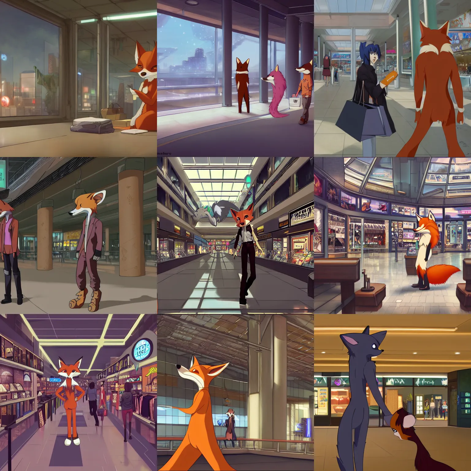 Image similar to an anthropomorphic furry fox shopping at a futuristic mall, photorealistic, anime, makoto shinkai, james gurney, don bluth, hibbary, dark natasha, goldenwolf, furaffinity