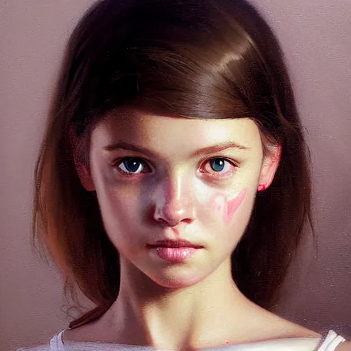 Image similar to Facial portrait of a pretty young cute girl, looking at the camera, slight awkward smile, lips slightly parted, no hands visible, extremely detailed painting by Greg Rutkowski and by Henry Justice Ford and by Steve Henderson